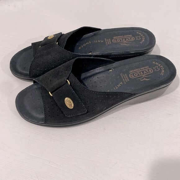 Fly Flot Black Anatomic Cushioned Anti Shock Genuine Leather Slide Sandals - Picture 2 of 11